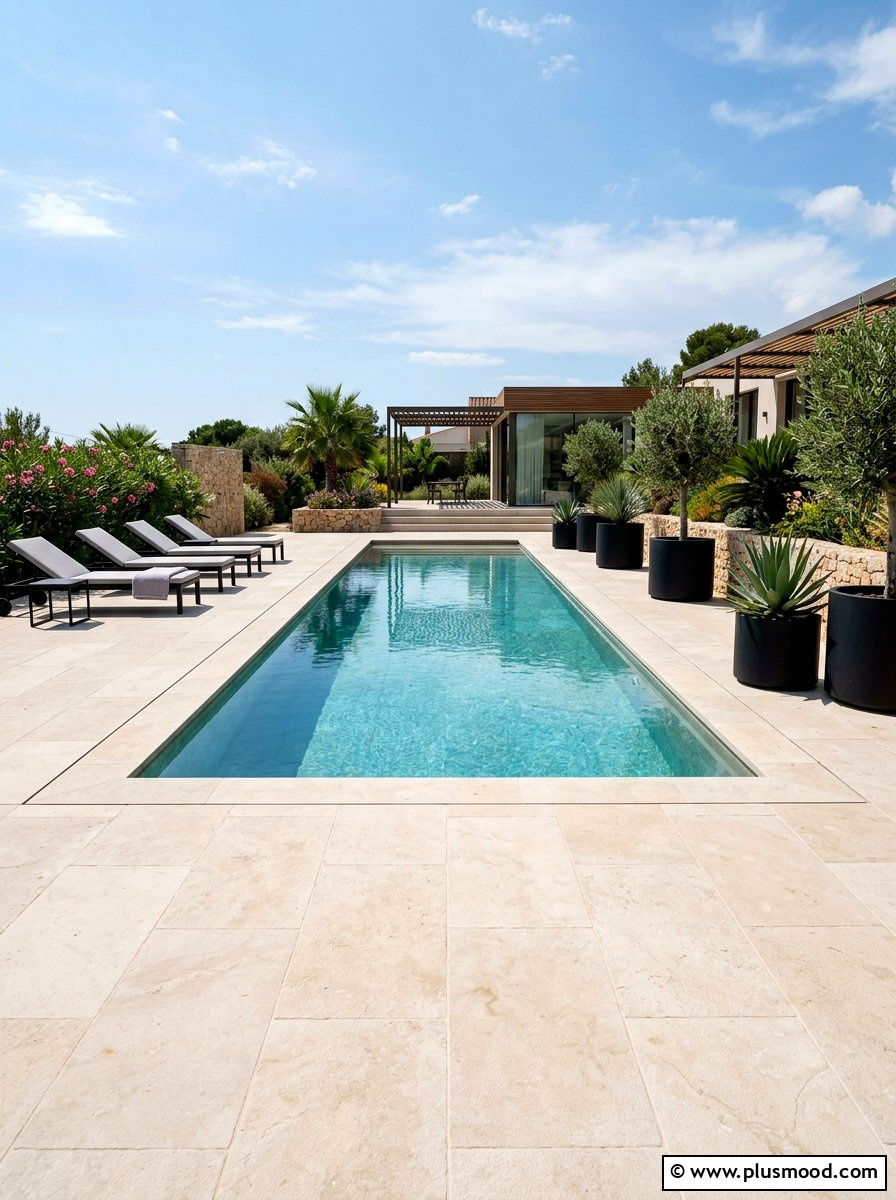 Modern pool limestone paving - 25 pool landscaping ideas for small lots