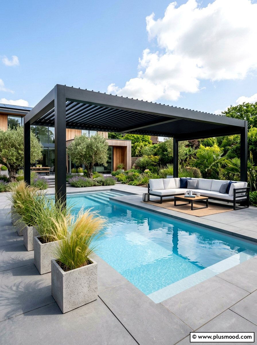 Modern pool pergola - 25 pool landscaping ideas with pergola shade