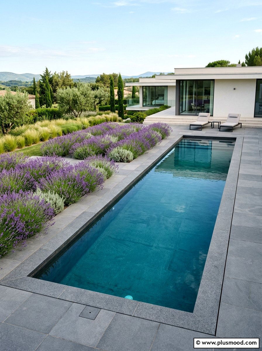 Modern pool with lavender - 25 pool landscaping ideas with lavender