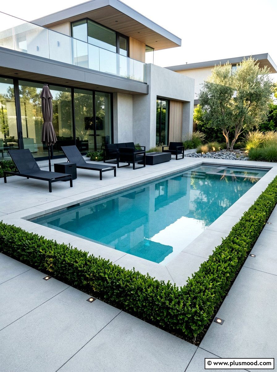 Modern pool with low hedge border - 25 pool landscaping ideas with hedge border
