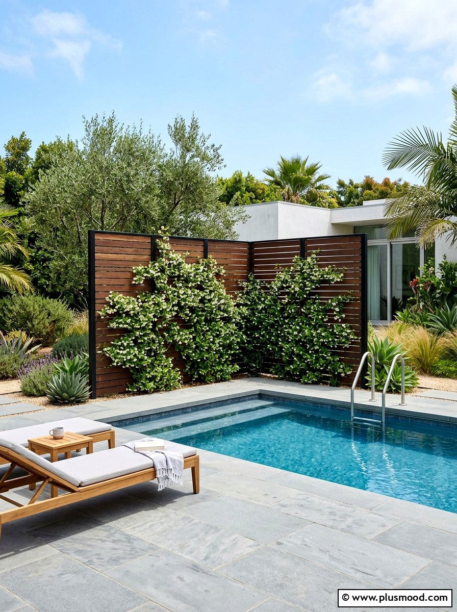 Modern privacy screen for corner pool - 25 pool landscaping ideas for corner pools