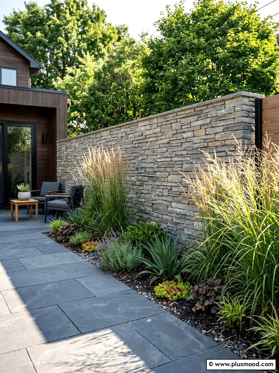 Modern stacked stone wall - 25 small backyard ideas with stone wall