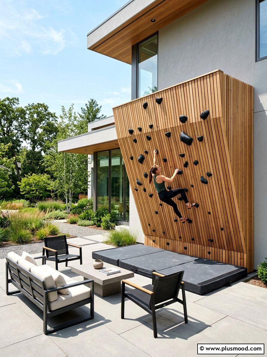 Modern wood bouldering wall - 25 small backyard ideas with climbing wall