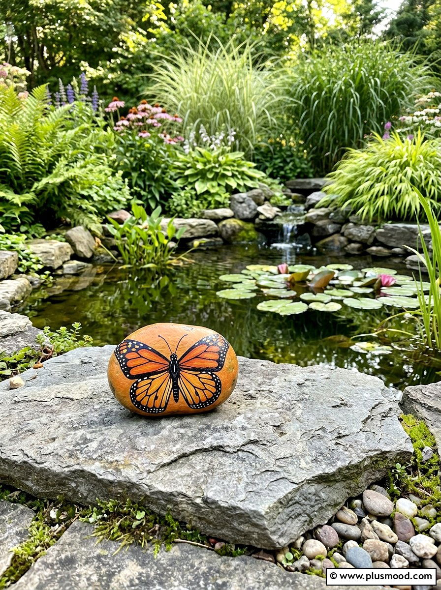 Monarch Butterfly Rock - 25 painted rock ideas for summer decor