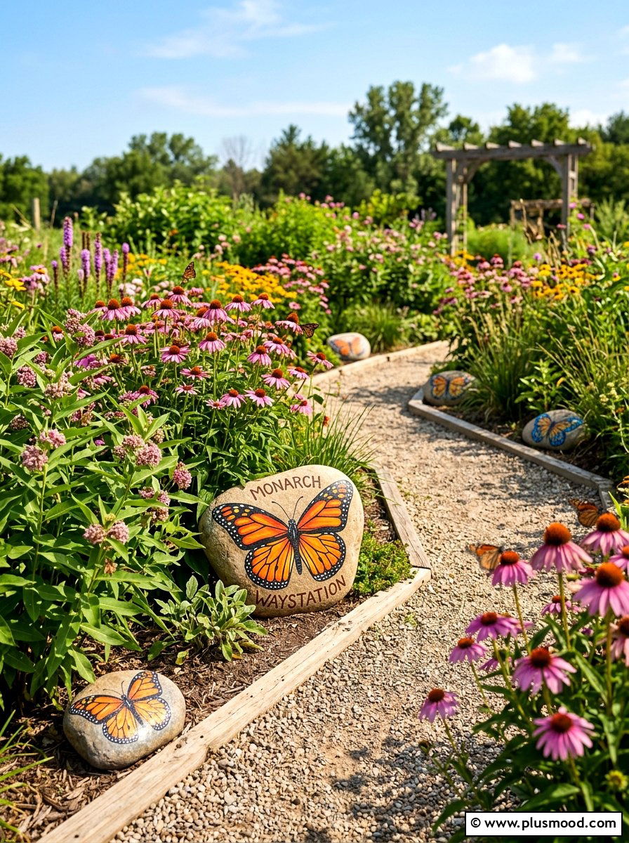 Monarch Butterfly Stone - 25 painted rock ideas for pathway markers