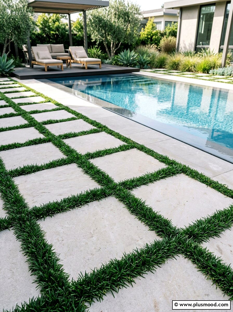Mondo grass between pool pavers - 25 pool landscaping ideas with ornamental grasses