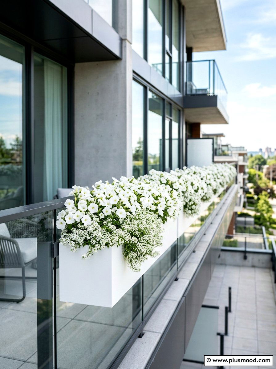 Monochromatic Flower Rail Display - 25 summer porch rail planter ideas