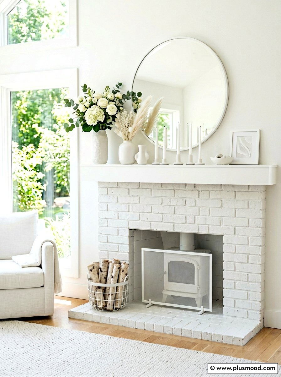 Monochromatic Summer Mantel - 25 summer mantel ideas for living room