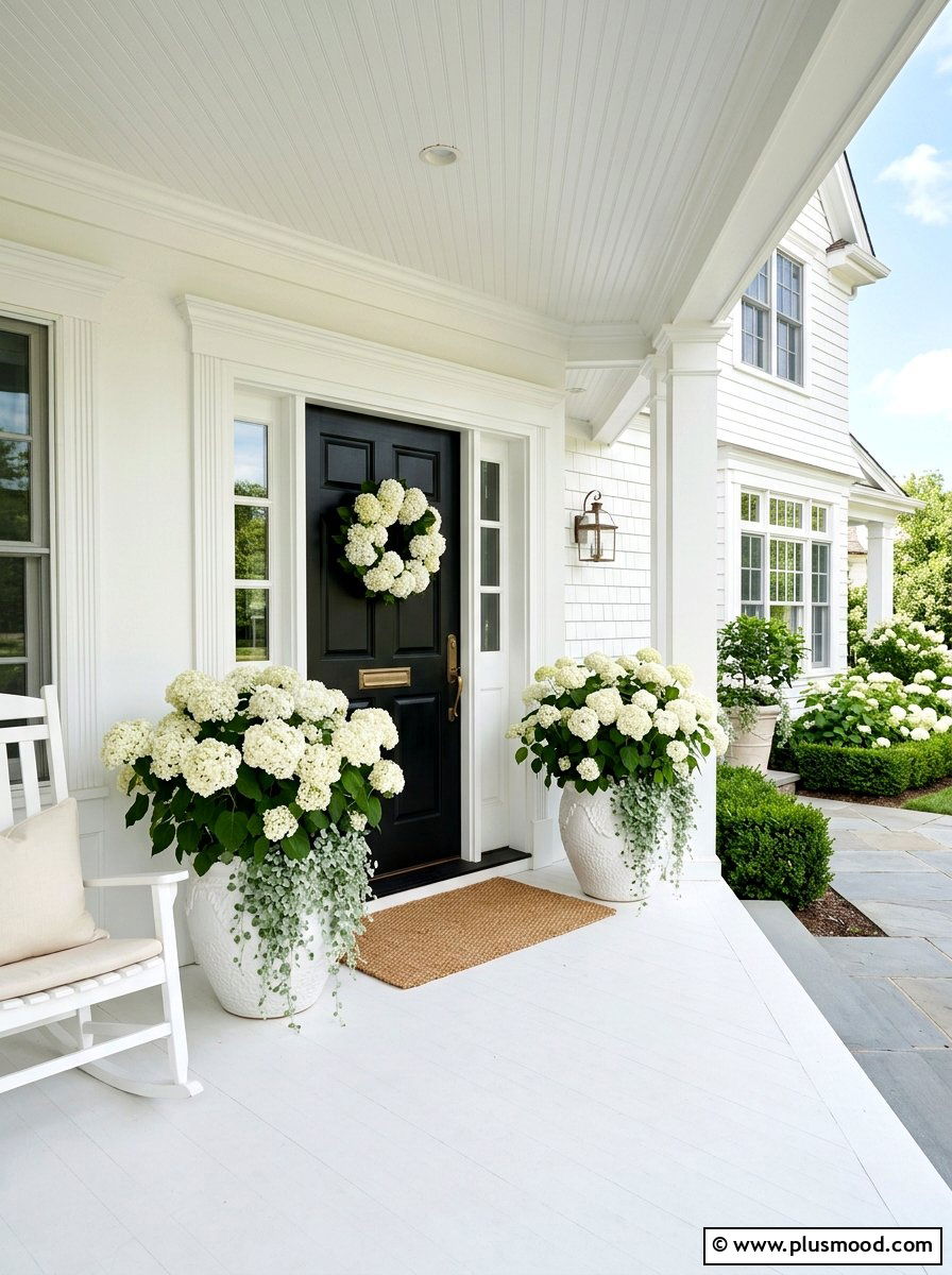 Monochromatic White Summer Porch - 25 summer flower pot arrangement ideas for front porch