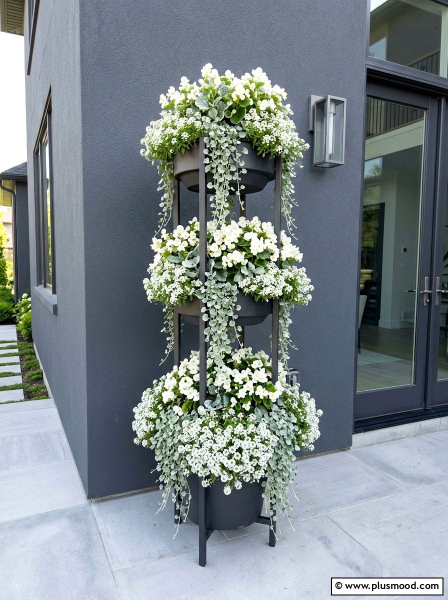Monochromatic white flower stack - 25 summer stacked planter ideas