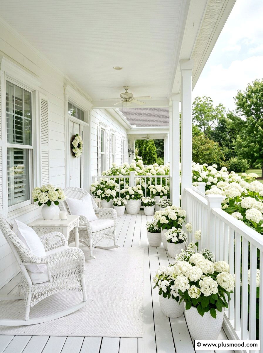 Monochromatic white hydrangea porch - 25 summer front porch decor ideas with hydrangeas