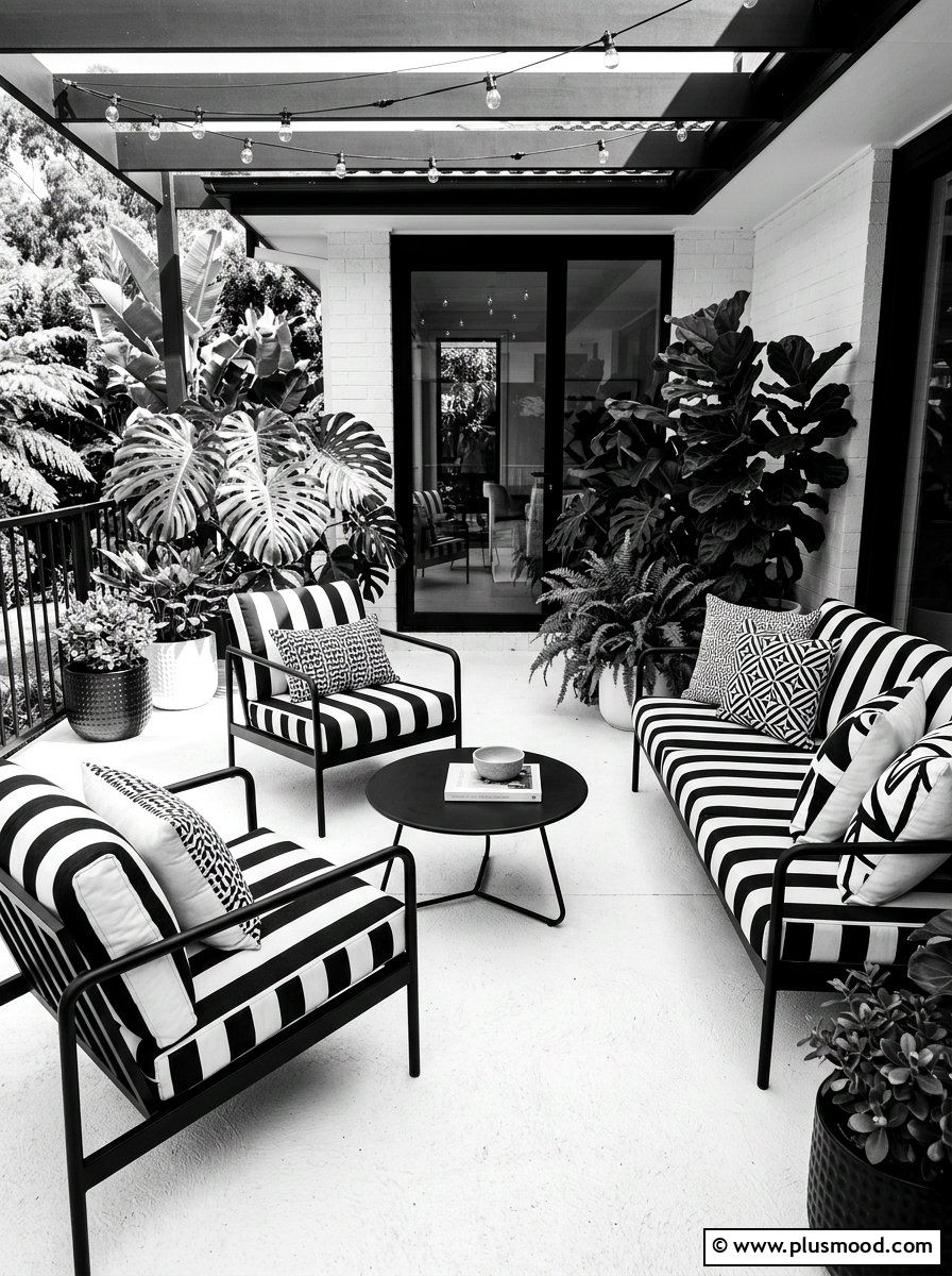 Monochrome black and white summer patio - 25 summer throw pillow ideas for living room