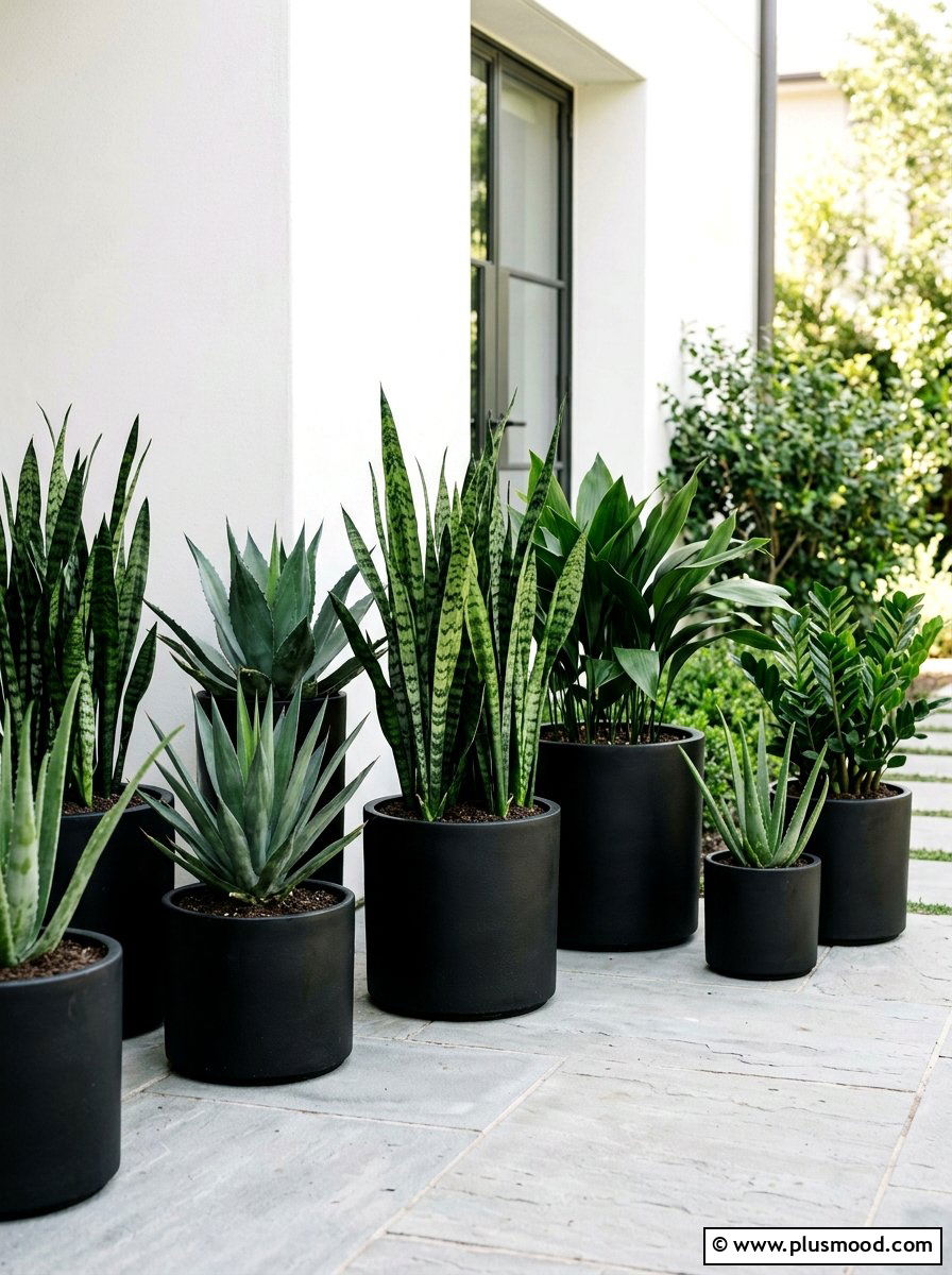 Monochrome container garden - 25 small backyard ideas for minimalist style