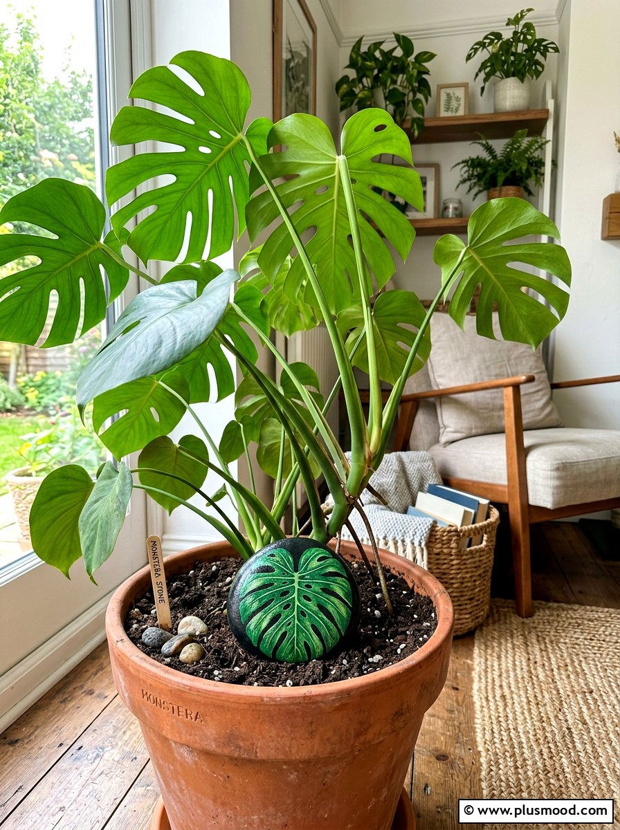 Monstera Leaf Stone - 25 painted rock ideas with boho style