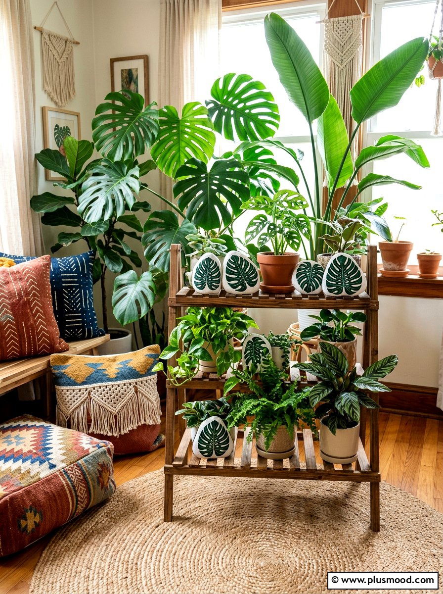 Monstera leaf rock - 25 painted rock ideas with leaf impressions