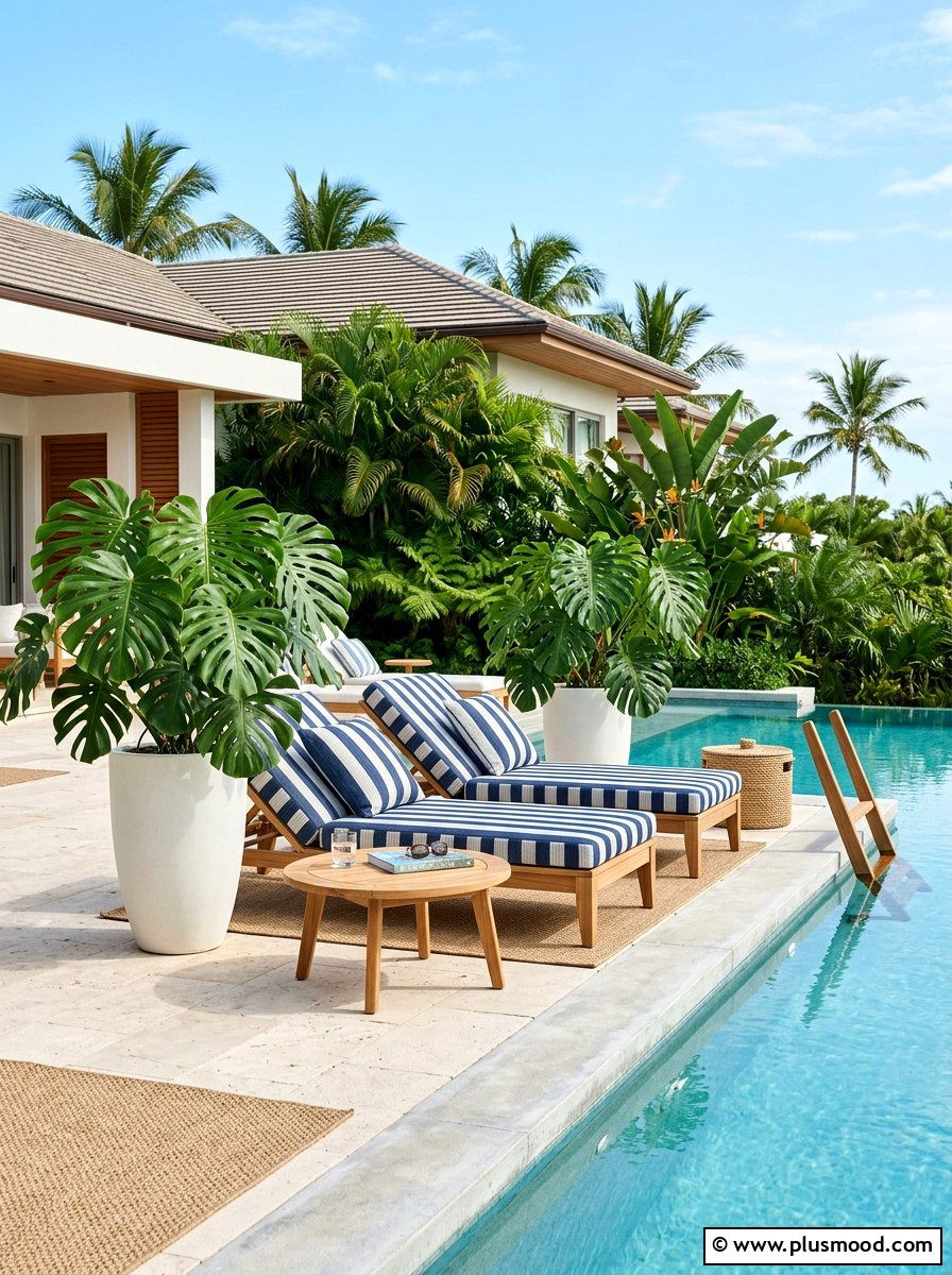 Monstera pool lounge area - 25 pool landscaping ideas with tropical plants