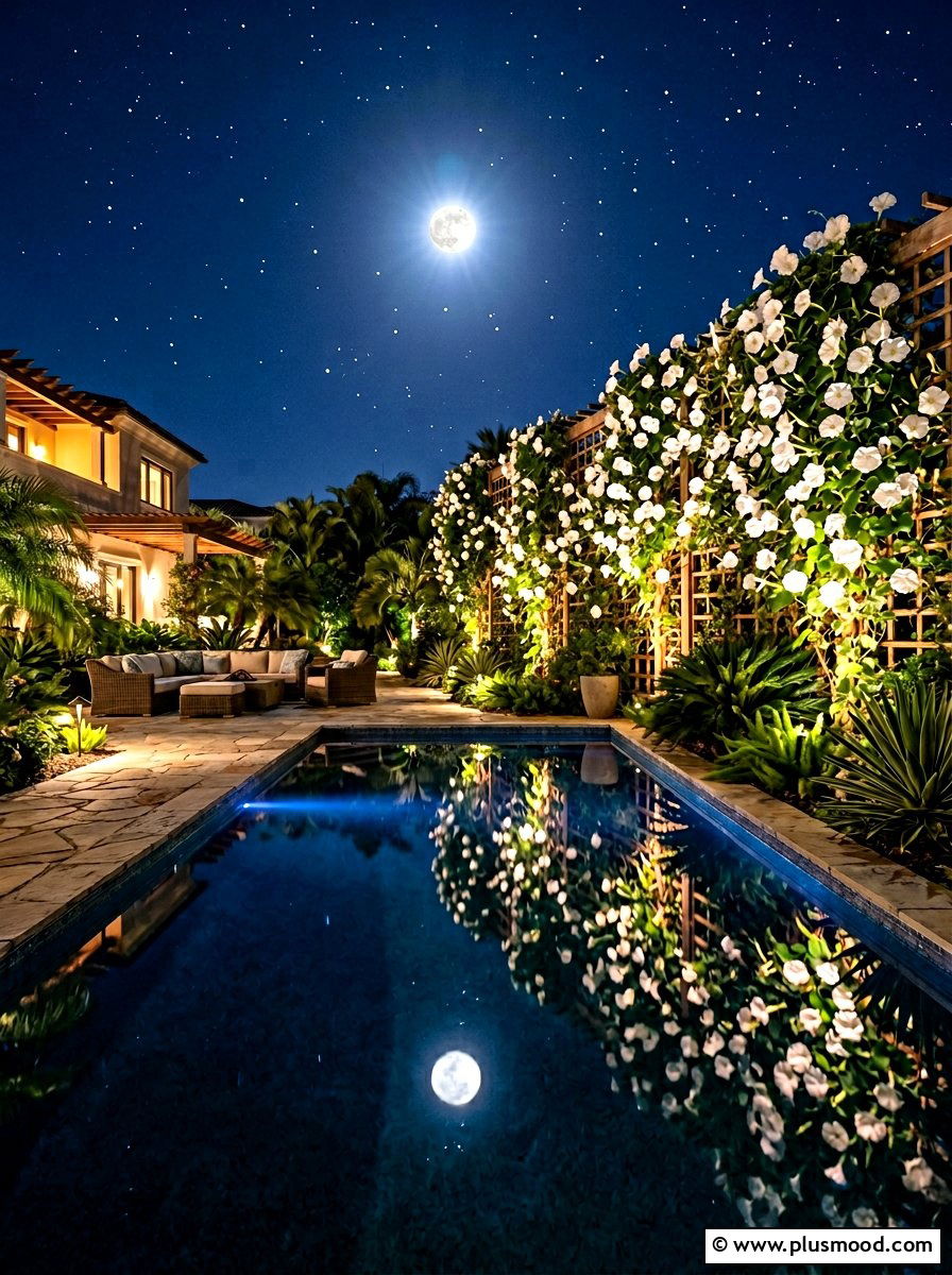 Moonflower Night Pool Garden - 25 pool landscaping ideas with climbing plants