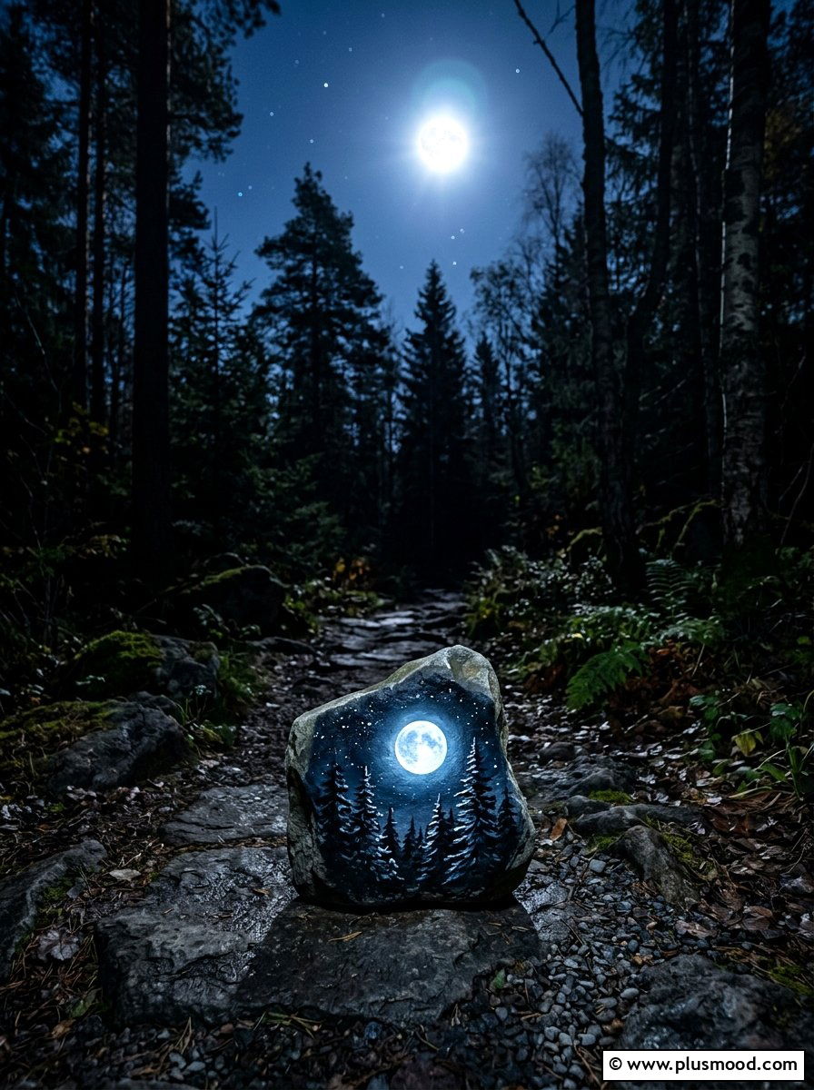 Moonlit Forest Night - 25 painted rock ideas with landscapes