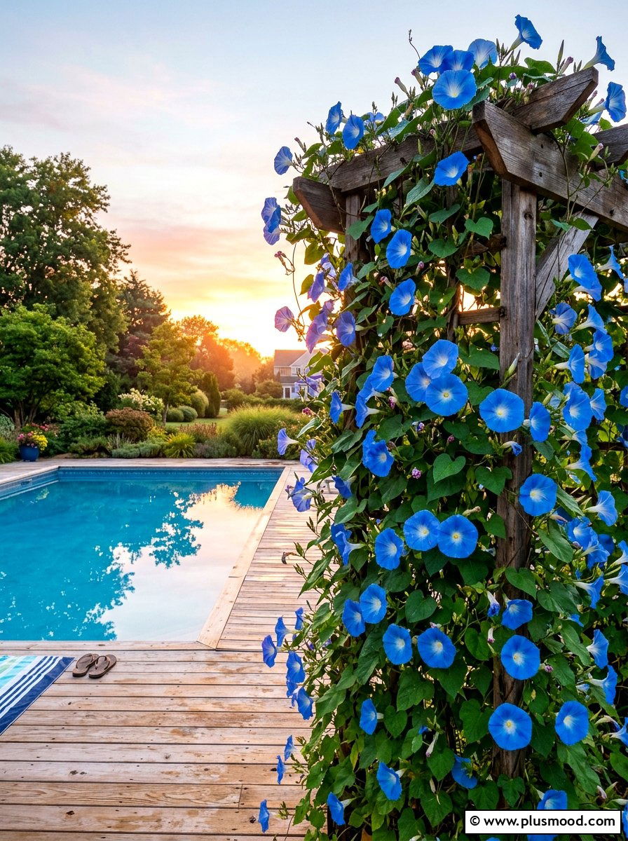 Morning Glory Seasonal Pool Trellis - 25 pool landscaping ideas with climbing plants
