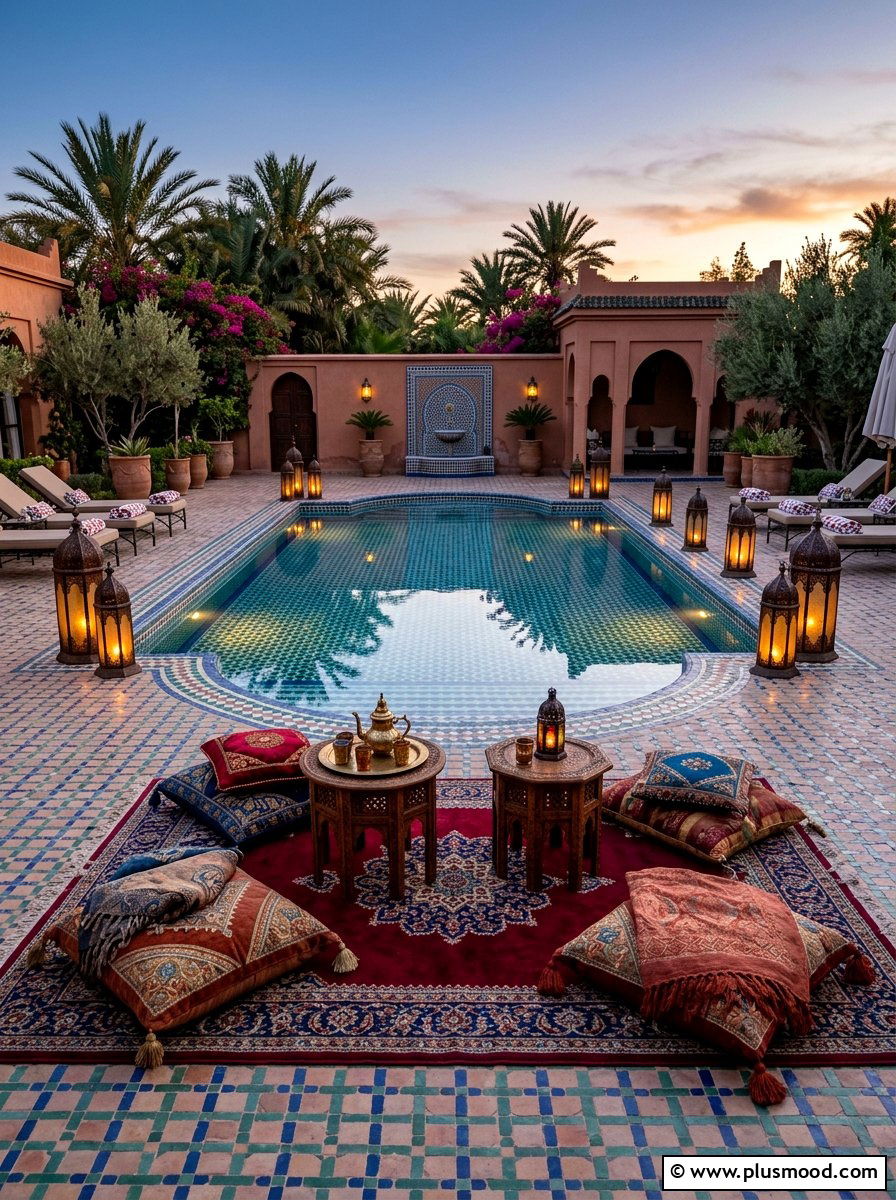 Moroccan Inspired Pool Patio - 25 pool landscaping ideas with outdoor rug
