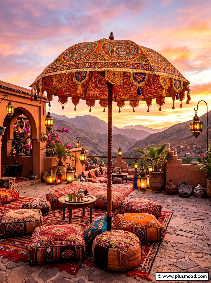 Moroccan Style Umbrella - 25 summer poolside umbrella ideas