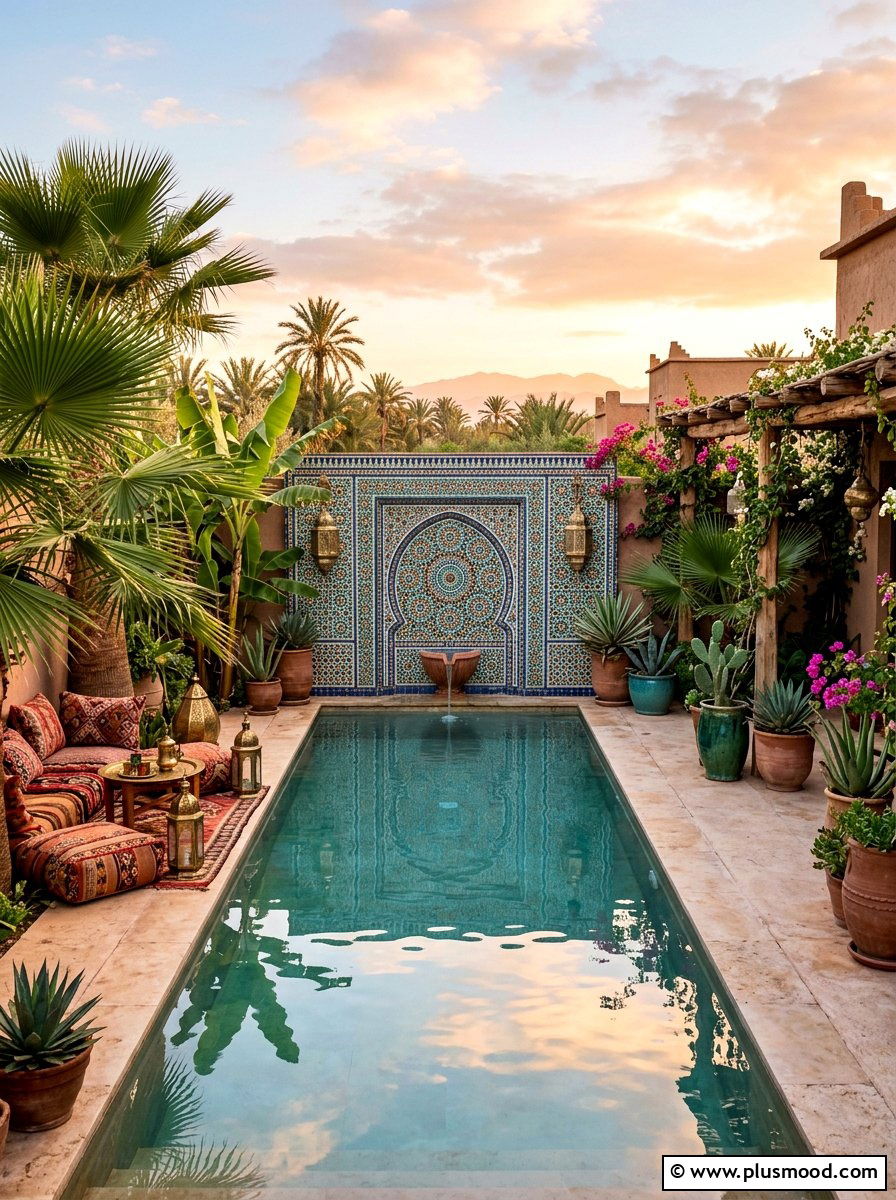 Moroccan tile pool feature wall - 25 pool landscaping ideas with tile accents