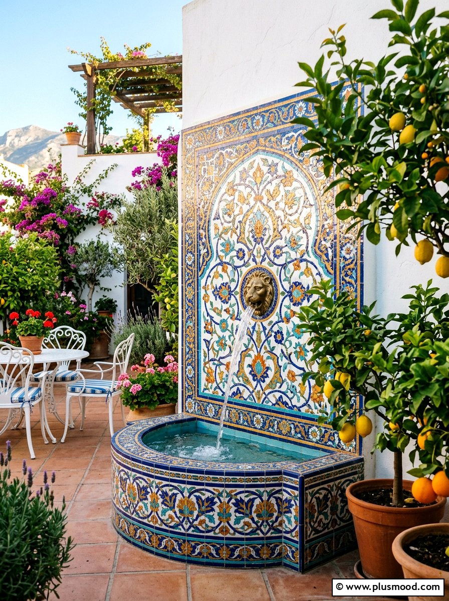 Mosaic Wall Fountain - 25 small backyard ideas with wall fountain