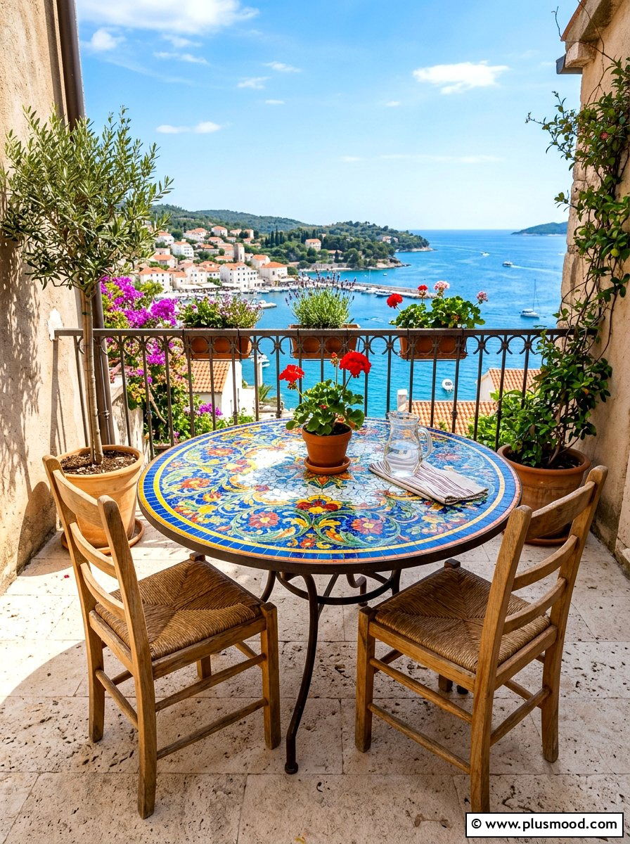 Mosaic balcony table - 25 summer colorful balcony ideas