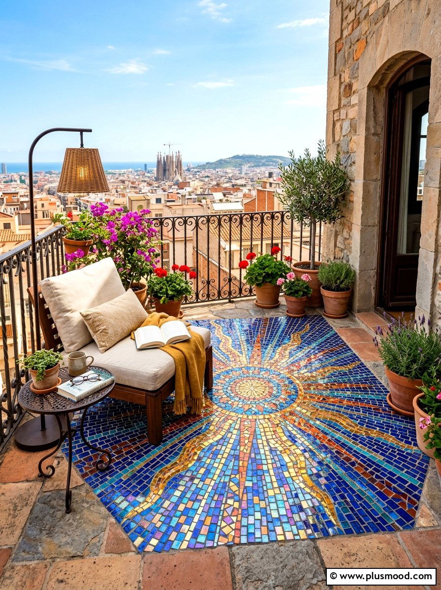 Mosaic floor art - 25 summer balcony floor decor ideas