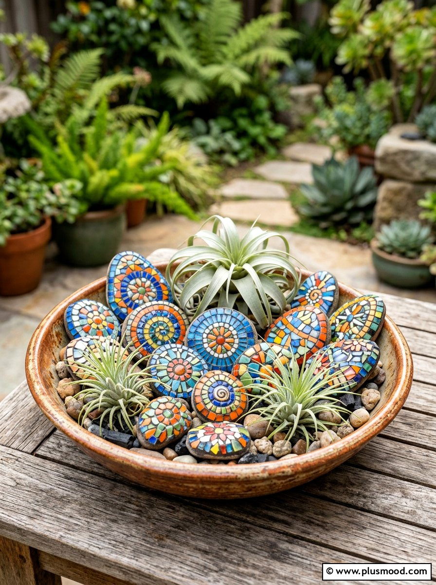 Mosaic pebble art - 25 painted rock ideas for potted plant display