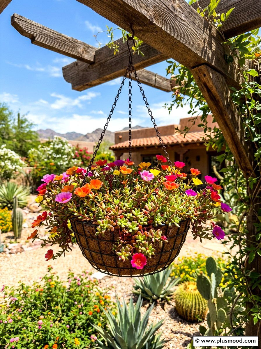 Moss Rose Portulaca Basket - 25 summer low maintenance planter ideas