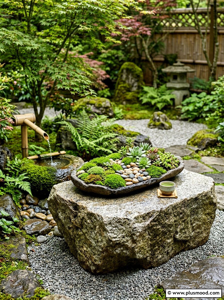 Moss and stone garden table - 25 summer outdoor centerpiece ideas