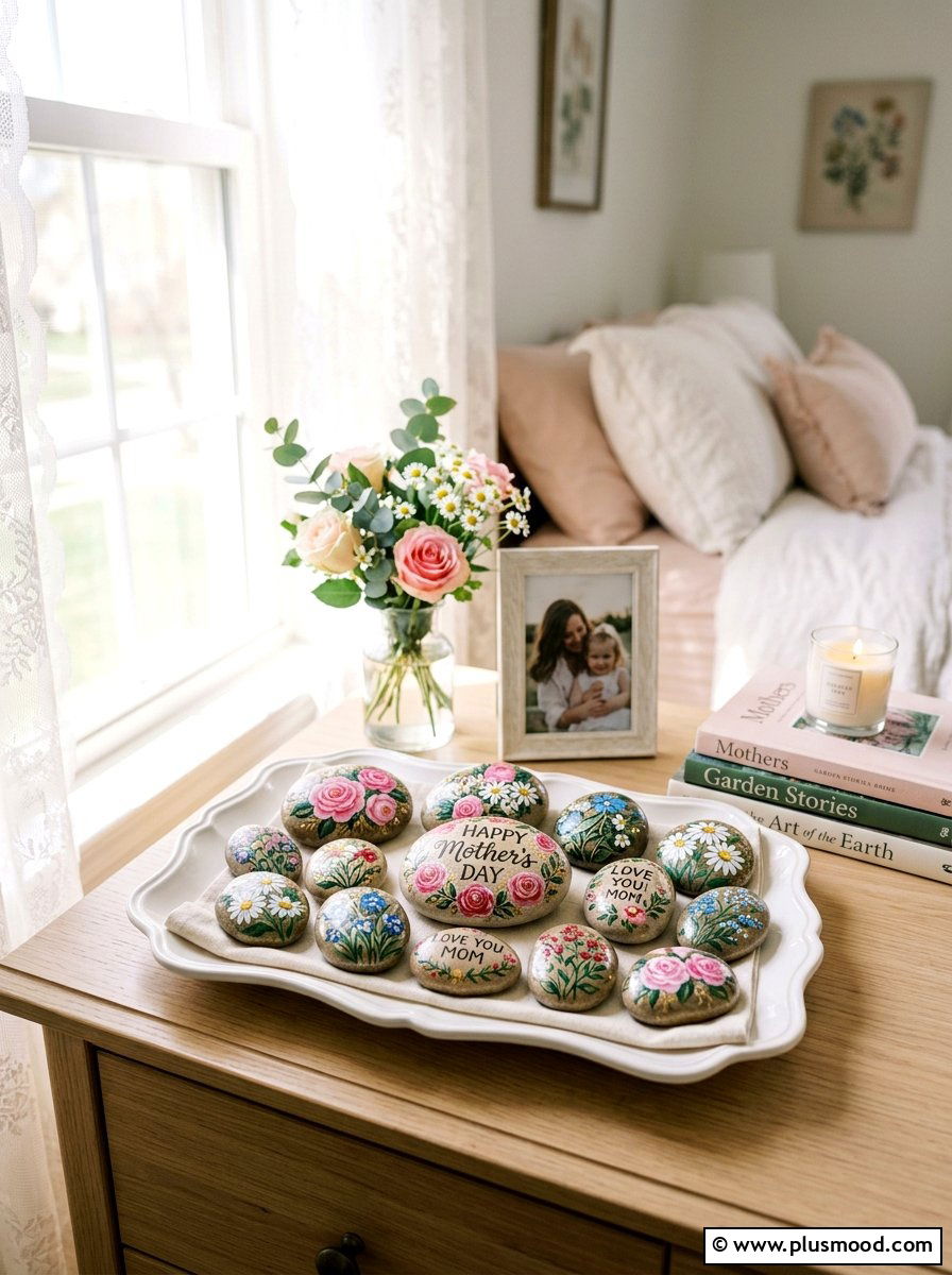 Mothers Day flower rock - 25 painted rock ideas with holiday theme