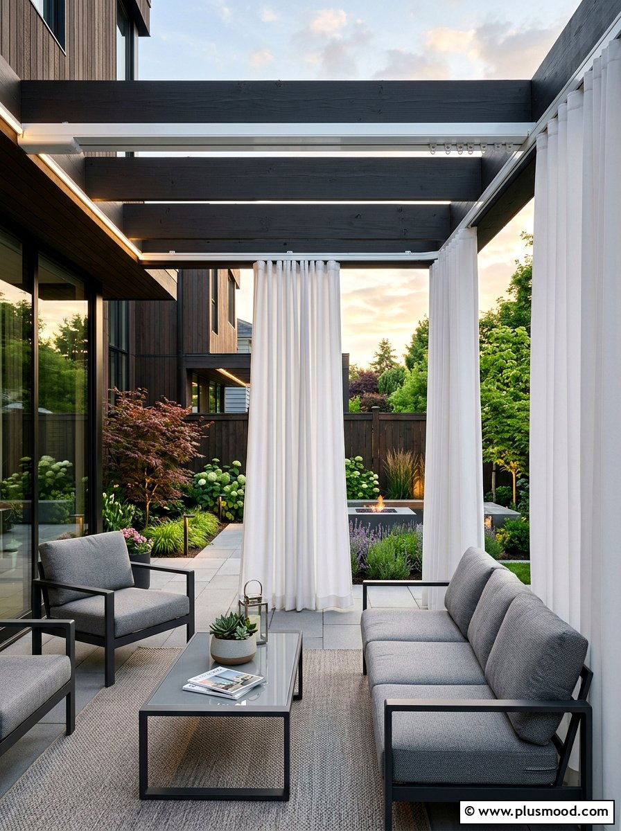 Motorized Track Outdoor Curtains - 25 small backyard ideas with outdoor curtains
