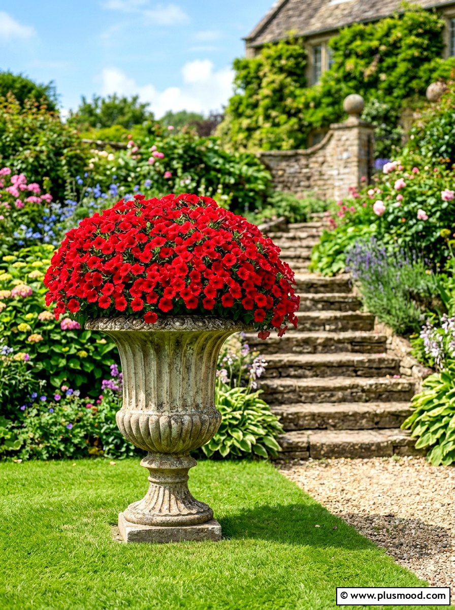Mounding Petunia Garden Urn - 25 summer planters with petunias ideas