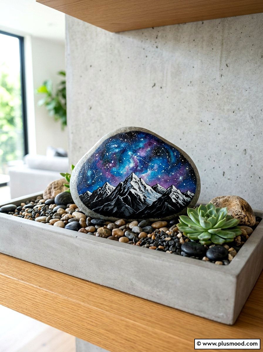 Mountain galaxy rock painting - 25 painted rock ideas with galaxy design
