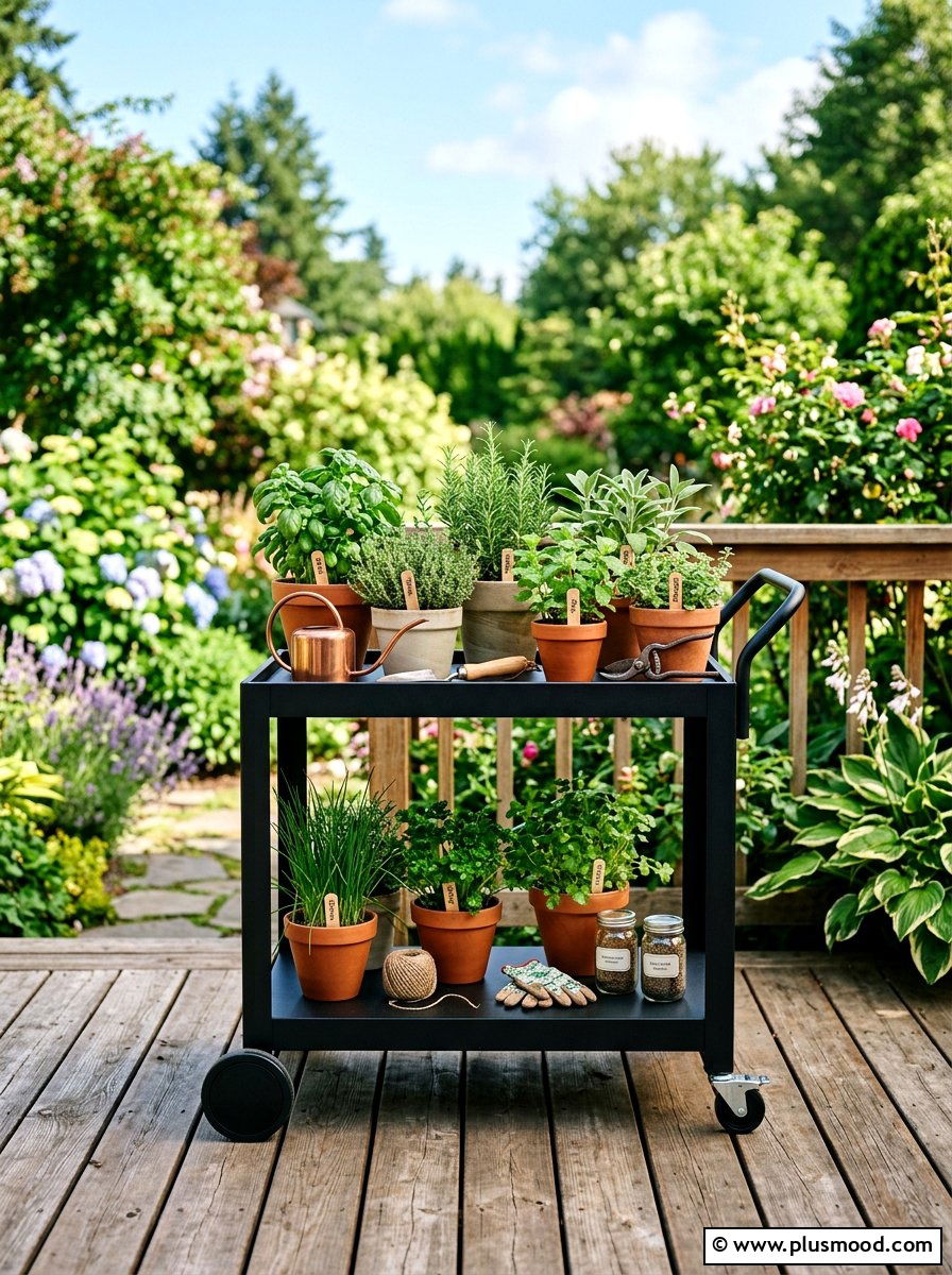 Movable Herb Cart - 25 small backyard ideas with herb garden