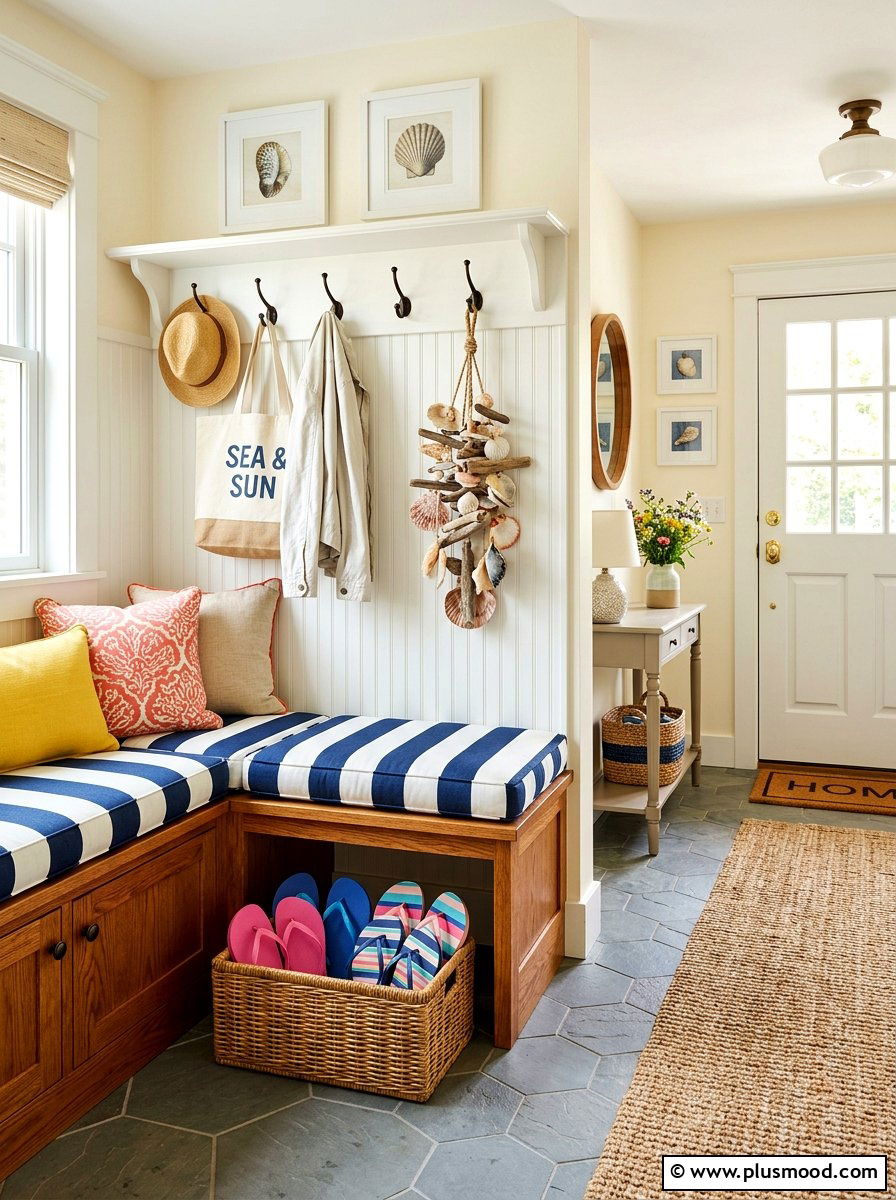 Mudroom Coastal Bench Decor - 25 summer decor ideas with shells