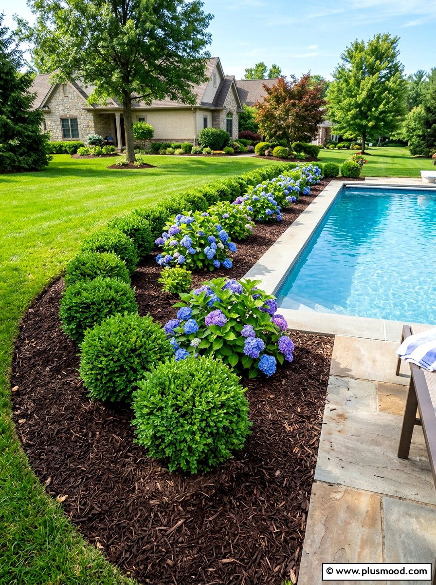 Mulch and shrub pool border - 25 pool landscaping ideas for above ground pools