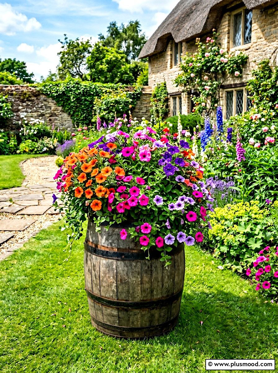 Multi Color Petunia Barrel - 25 summer planters with petunias ideas