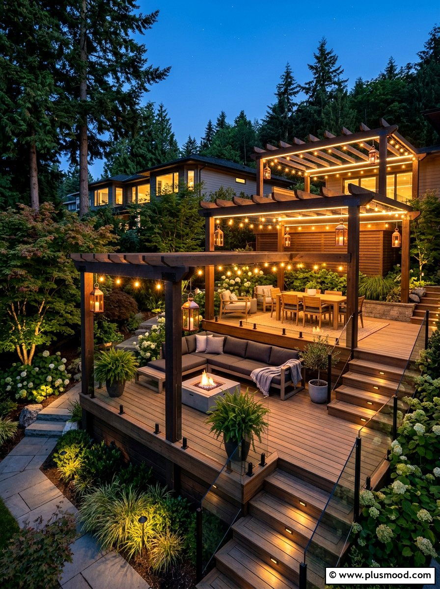 Multi Level Backyard Tiered Lighting - 25 small backyard ideas with pergola lights