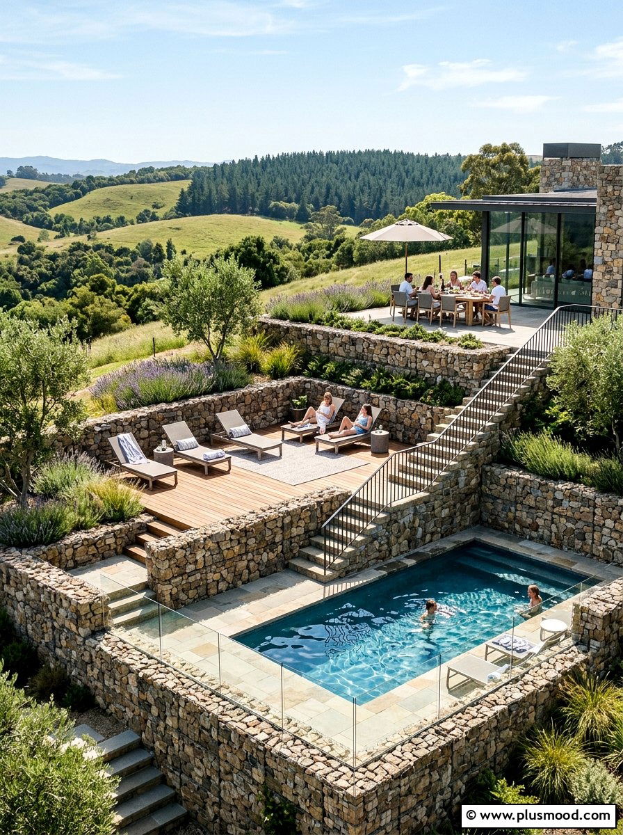 Multi Level Gabion Pool Terrace - 25 pool landscaping ideas with gabion walls