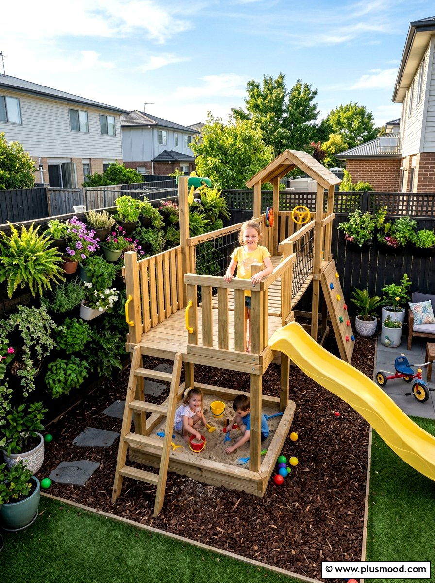 Multi Level Play Zone - 25 small backyard ideas with sandbox