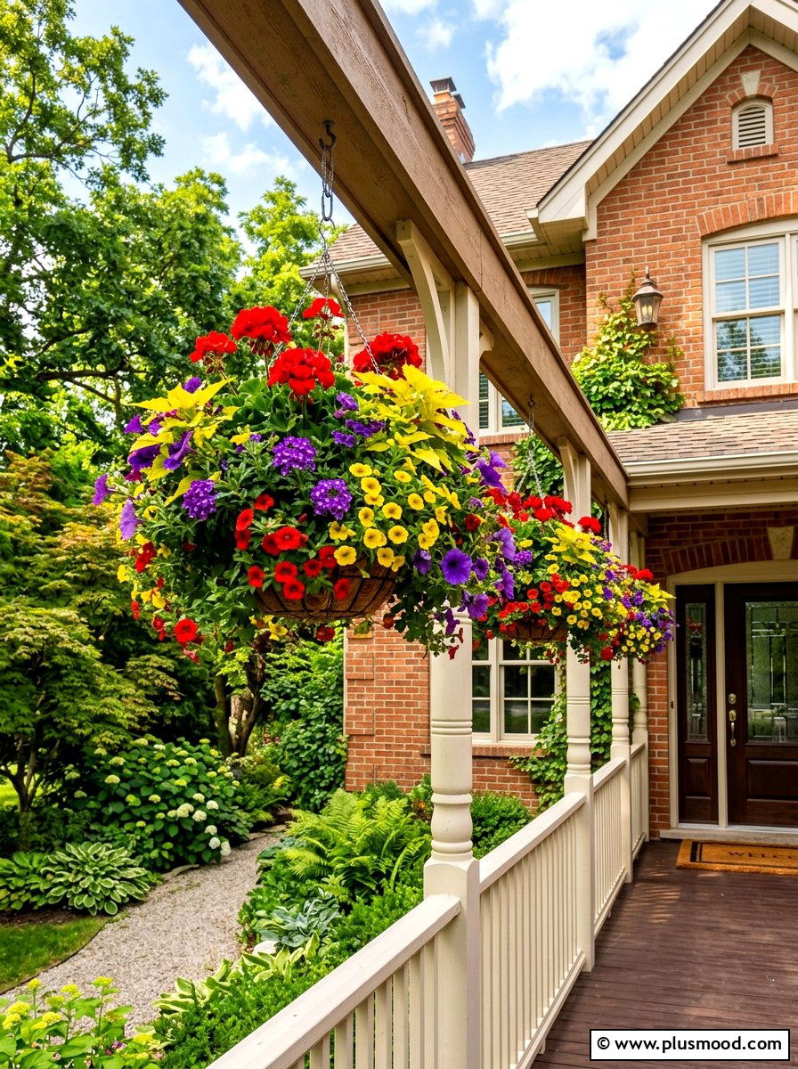 Multi color hanging baskets - 25 summer colorful curb appeal ideas