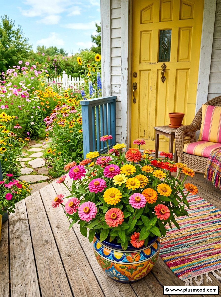 Multi color zinnia pot - 25 summer front porch planter ideas