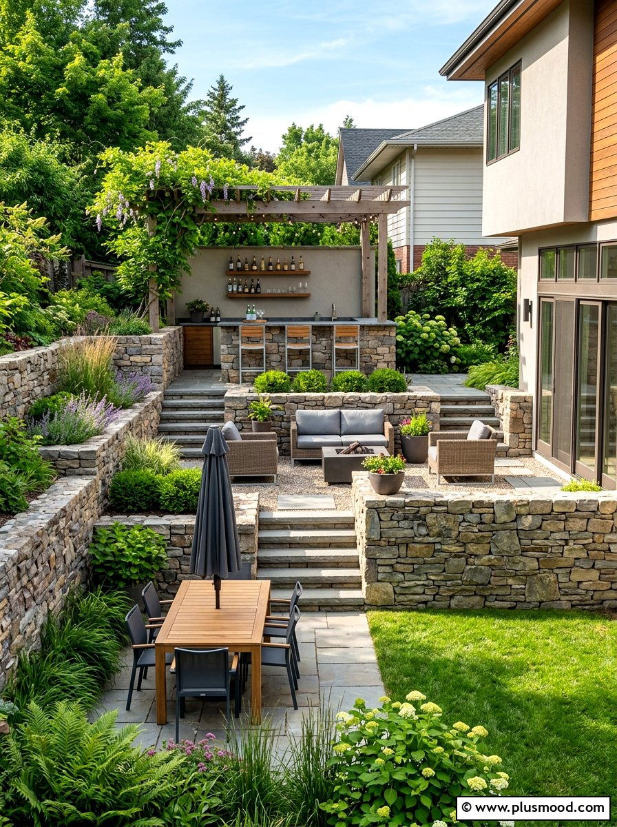 Multi level patio wall - 25 small backyard ideas with seating wall