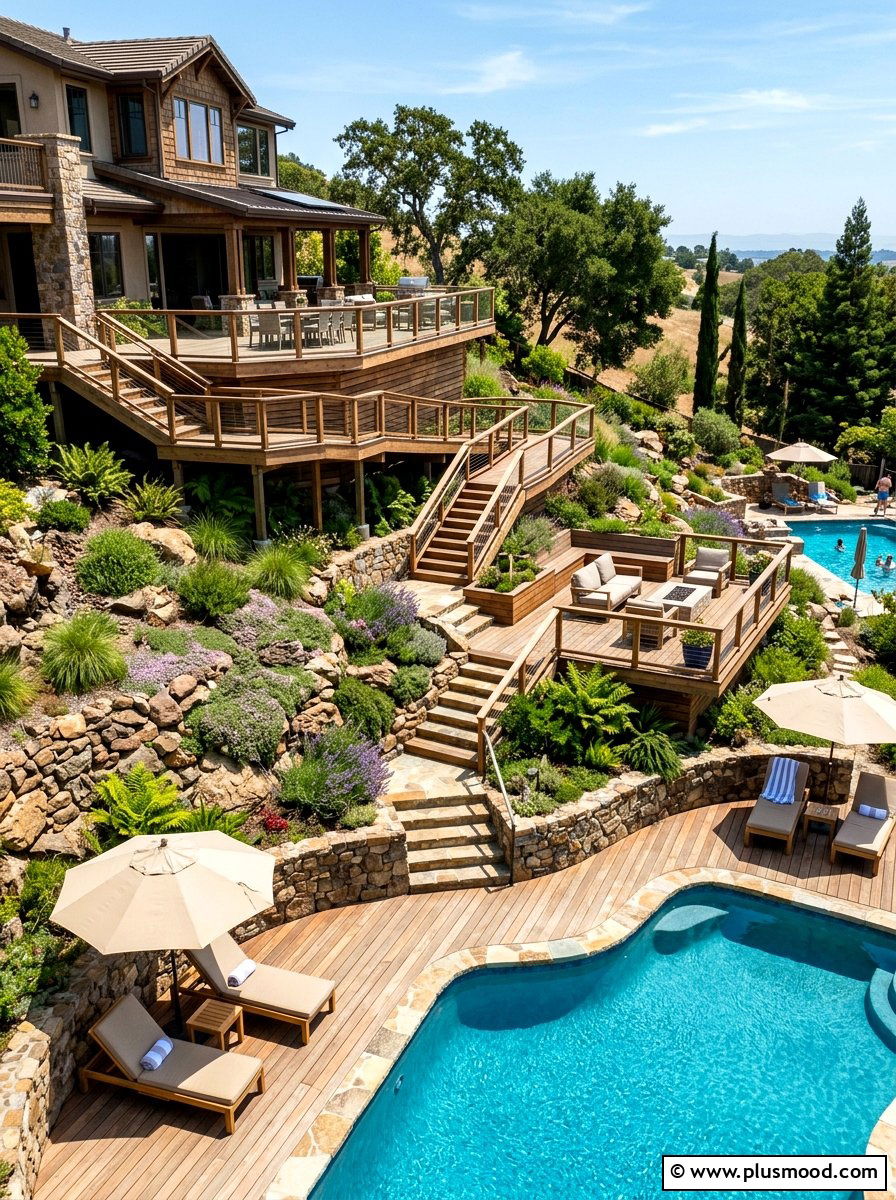 Multi level wood deck for sloped pool area - 25 pool landscaping ideas with wooden deck