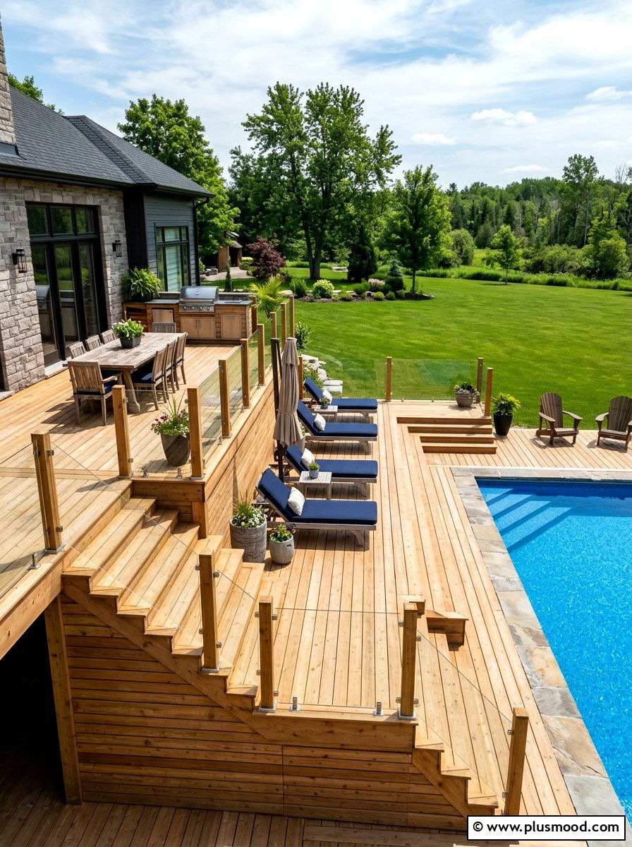 Multi level wood pool deck - 25 pool landscaping ideas for above ground pools