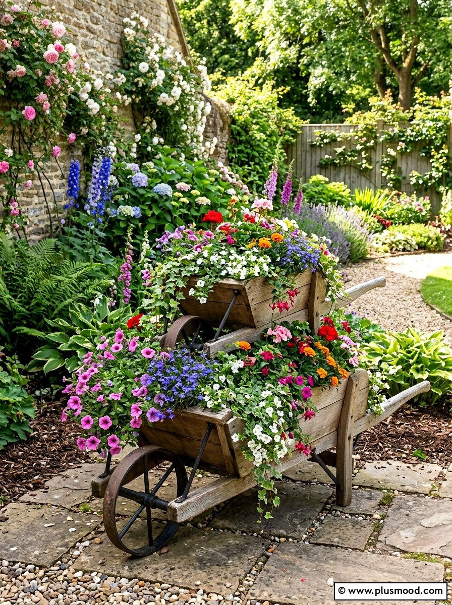 Multi tiered wheelbarrow planter - 25 outdoor garden decor ideas with wheelbarrow planter