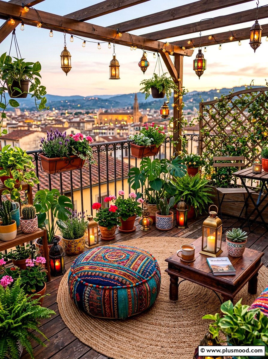 Multicolor floor pouf - 25 summer colorful balcony ideas